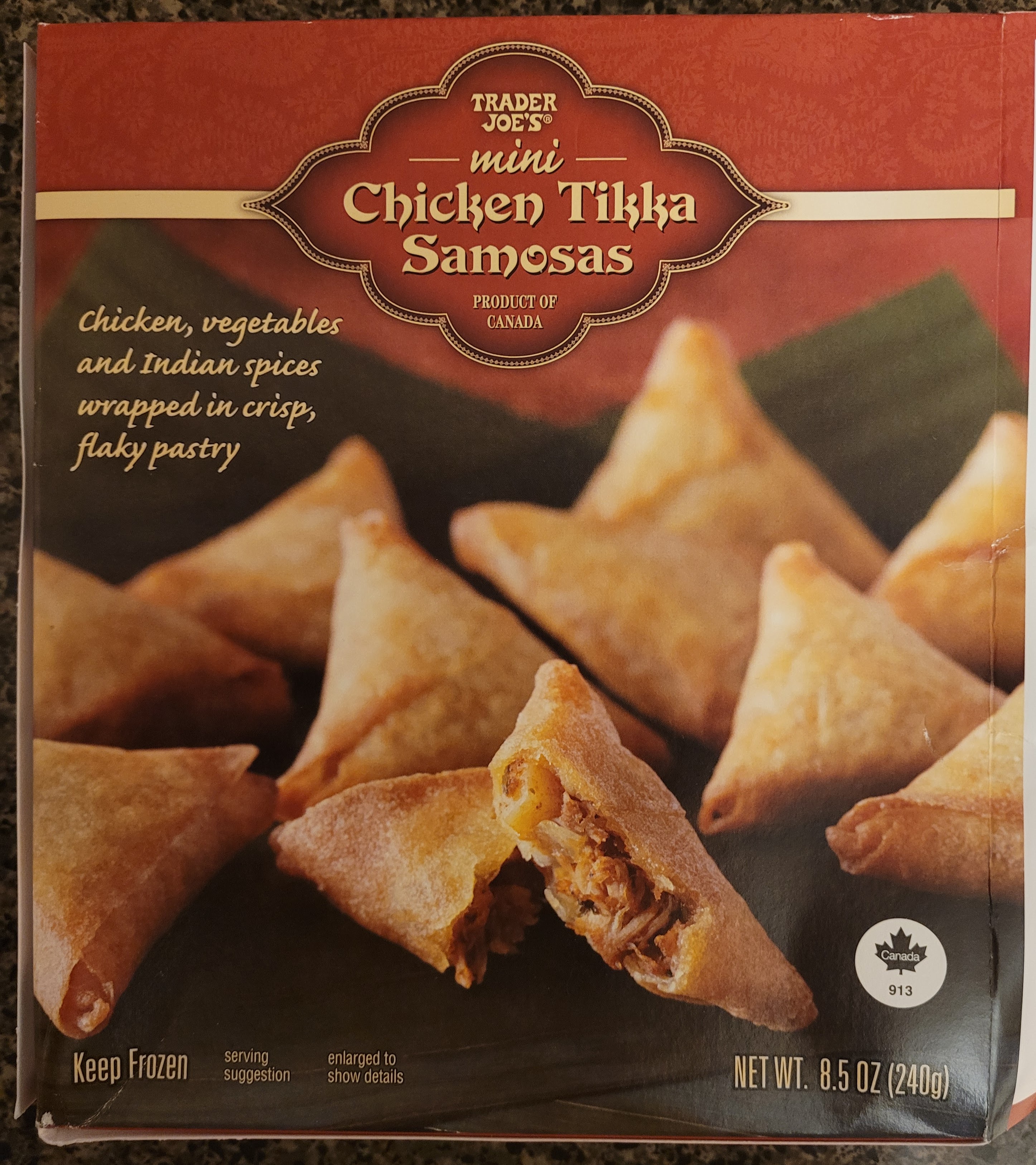 Box of Trader Joe's mini Chicken Tikka Samosas "chicken, vegetables, and Indian spices wrapped in crisp, flaky pastry"